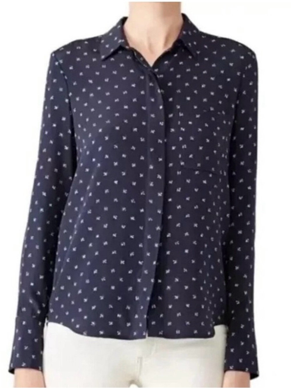 Vince Silk Navy Blue Long-Sleeve Blouse with Tiny White Floral Print sz 12 L-XL